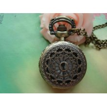 Small Antique Bronze Vintage Filigree Hollow Love Heart Flower Spiderweb Steampunk Round Pocket Watch Locket Pendants Necklaces FREE Ribbon