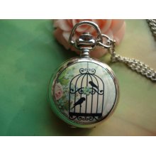 Small Silver Vintage Filigree Painted Green Flowers Bouquet Birds Birdcage White Steel Silver Pocket Watch Locket Necklaces