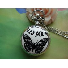 Small White Steel Silver Filigree Painted Butterfly Round Pocket Watch Locket Necklaces with Chains