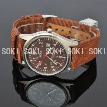 Soki Brown Date Metal Case Mens Quartz Analog Wrist Canvas Band Watch W033