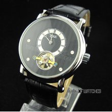Special Mini Dial Black Pu Leather Band Automatic Mechanical Fashion Mens Watch