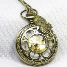 Steampunk golden dial Pocket Watch, with a brass sea horse (Big Size)