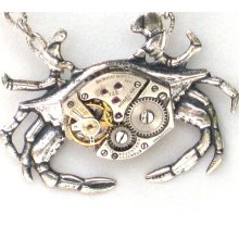 Steampunk - MECHANICAL CRAB - Necklace - Jeweled Watch Movement - Antique Silver - Neo Victorian - By GlazedBlackCherry