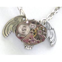 Steampunk - MECHANICAL OWL - Necklace - Jeweled Watch Movement -Antique Silver Wings - Neo Victorian - By GlazedBlackCherry