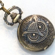 Steampunk - Owl Pocket Watch - Necklace - Antique Brass - Neo Victori