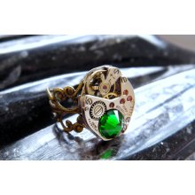 Steampunk Ring - Vintage Clockwork Watch Movement & Swarovski Crystal - Green Fingers