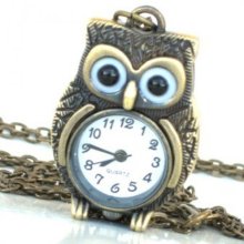 Steampunk - Time Flys Mr Owl Pocket Watch Pendant - Antique Brass - N