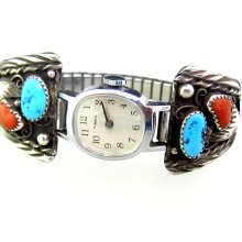 Sterling Silver Turquoise & Coral Watch Bracelet 25.7 gr 6026