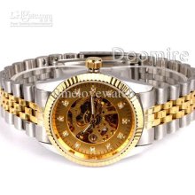Style Men Golden Skeleton Dial Crystal Mechanical Automatic Watch Se
