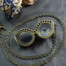Stylish Brass Eyeglasses Shape Dial Necklace Pendant Quartz Pocket Watch Gift
