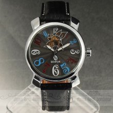 Top Classic Skeleton Auto-mechanical Analog Clock Black Leather Men Wrist Watch