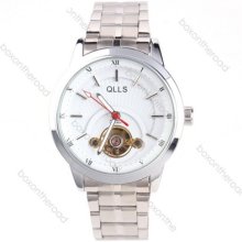 Tourbillon Men White Stainless Steel Roman Numeral Skeleton Mechanical Watch