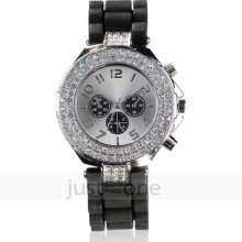 Trendy Cool Silicon Band Rhinestone Quartz Hour Display Alloy Wrist Watch Black