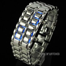 Trendy Lava Iron Samurai Steel Blue Led Digital Bracelet Cuff Wrist Watch Unisex