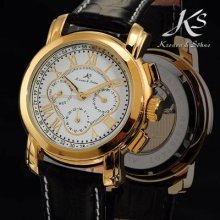 Us+tracking Ks Automatic Mechanical White Dial 6 Hands Leather Sport Men Watch