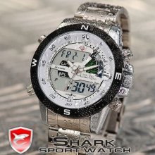 (us+tracking) Shark Lcd White Dial Date Chronograph Steel Quartz Men Sport Watch