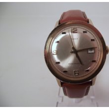 Vintage 1973 Gold Tone Timex Manual Wind Retro Style Men's Watch with Sweep Second Hand & Date Window W/New Light Brown Leather Band