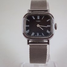 Vintage 1978 Timex Wind Up Retro Style Women's Watch in Silver with Silver Mesh Adjustable Band, Roman Numeral Font & Blue Dial