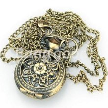 Vintage Bronze Flower Pattern Quartz Necklace Chain Pocket Pendant Watch Gift