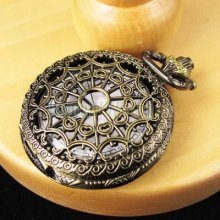 Vintage Bronzed Hollow Cover Pendant Clock Quartz Pocket Watch With Chain