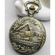 Vintage Golden Train Carved Case Antique Style Gift Quartz Pocket Watch /chain