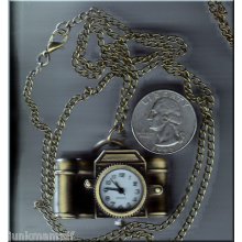 Vintage Looking Camera Bronze Tone Quartz Pocket Watch Necklace.