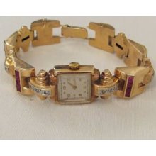Vintage Retro 18k Pink Gold Diamonds Rubies Wristwatch