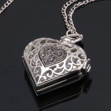Vintage Silver Heart Shape Antique Style Necklace Lady Men Pocket Watch W600b