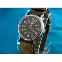 Vintage Timex Military Style Black 24 Hour Dial Watch Camouflage G-10 Strap