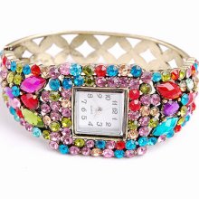 Vogue Colorful Crystal Rhinestone Gold Plating Alloy Bangle Square Wrist Watch