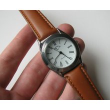 Vtg Old Brown Strap Swiss Pca Silver Chrome White Face Lg Mens Dress Watch W66