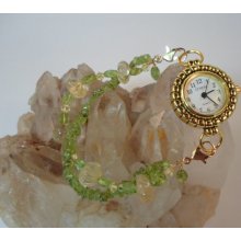 Watch/Bracelet with Gemstone Mix of Green Peridot, Yellow Citrine Flowers, and Swarovski Crystal, Double Stranded with Gold Plated Findings