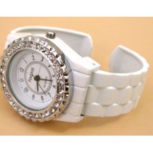 White Designer Style Crystal Bezel Bangle Cuff Watch