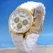 White Gold Geneva Designer Style Acrylic Band Women's Bracelet Watch