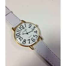 White Leather Band Ladies Big Numbers Jumbo Large Easy Read Watch