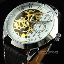 White Partly Hollow Transparent Dial Three Mini Dials Automatic Mechanical Watch