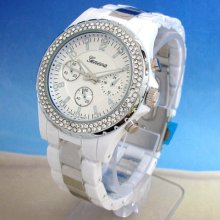 White Silver Geneva Acrylic Band Crystal Bezel Oversized Women's Watch