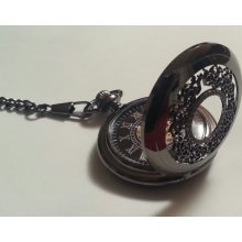 Wind Up Pocket Watch, Black Filigree, Gold and Silver - Steampunk Jewelry