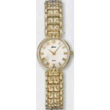 Woman`s Quartzline Contemporary Gold Watch W/ Round Mother Of Pearl Dial