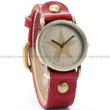 Women Lady Retro Bronze Case Star Red Leather Bracelet Quartz Watch Dailyetrade