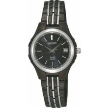 Women`s Seiko Solar Watch W/ Black Dial & Black Ion Stainless Steel Brac.