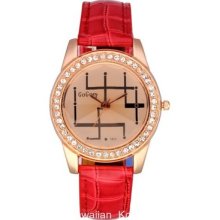 Women's Rhinestone Gold Connected Dots Round Analog Watch Red