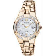 Women's Solar Gold Tone Stainless Steel Case and Bracelet Mother of Pearl Dial D