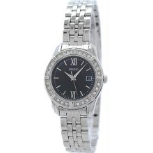 Women's Stainless Steel Quartz Black Dial Roman Numerals Swarovski Crystals on B
