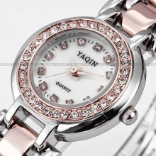 Yaqin Bling Crystal Lady Women Bracelet Silver&rose Gold Band Quartz Wrist Watch
