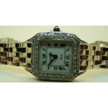 14k White Gold Geneve Custom Made Square Faced Diamond Women's Watch