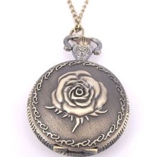 1pcs Bronze Tone Flower Pendant Round Quartz Pocket Watch Necklace Long Chain