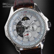 1pcs Selling Silver Dial Dark Red Leather Band Automatic Mechanical