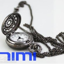 2012 Hotsale Black Mini Quartz Necklace Chain Pocket Watch Gift Free
