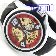 2012 Hotsale Red Hollow Mens Gold Mechanical Auto Wrist Watch Rubber